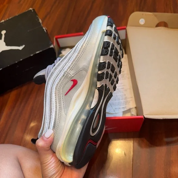 Nike Air Max 97 Metallic Silver Bullet with Red Accents - Picture 9 of 9